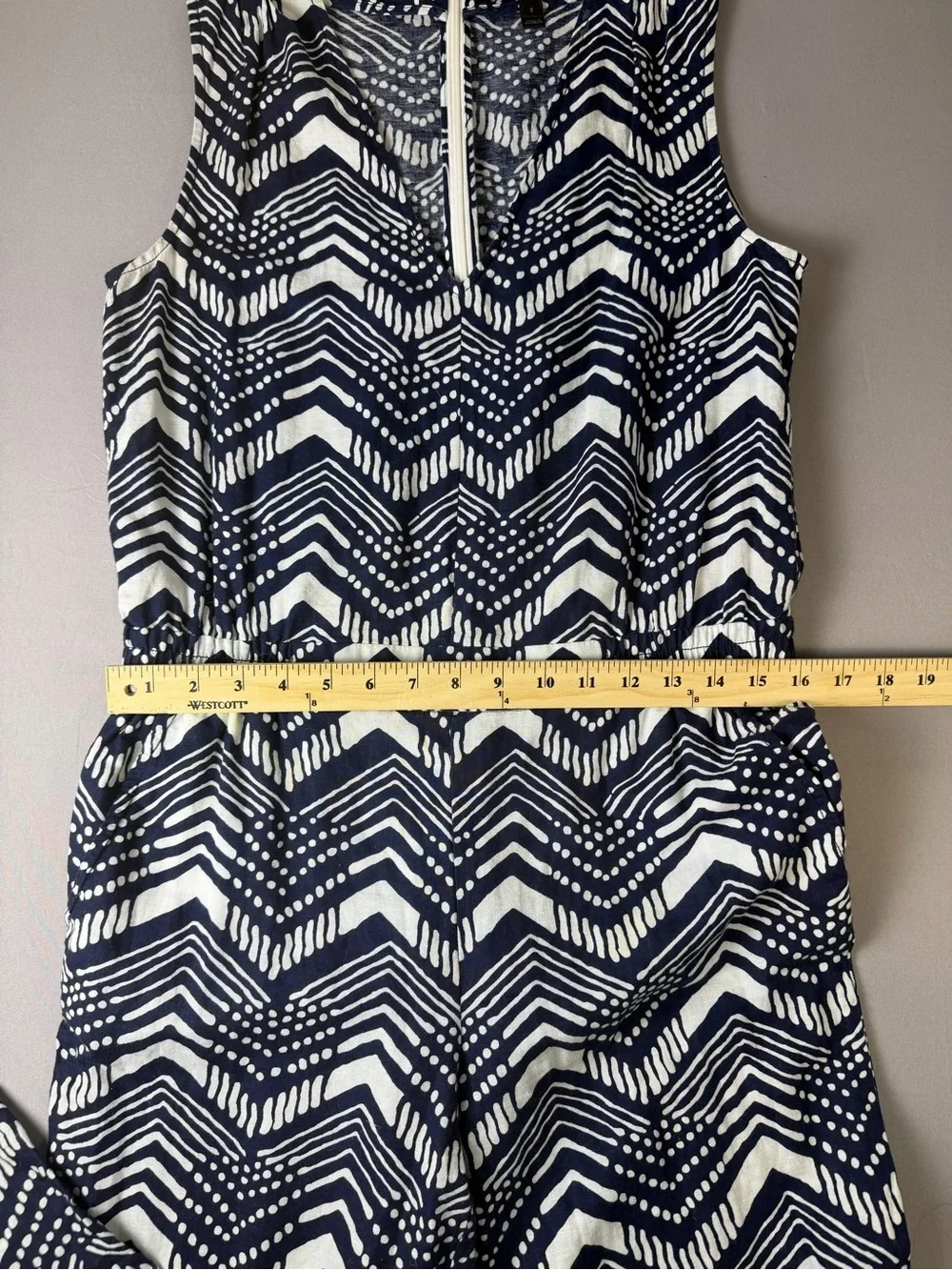 J. Crew Navy & White Chevron Linen and Cotton Jumpsuit Size 2 Elastic Waist NWOT